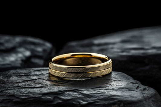 Solid Gold Flat Wedding Band - Sideways Matte Finish with Distinctive Single Groove, Durable Timeless Elegance, Handcrafted