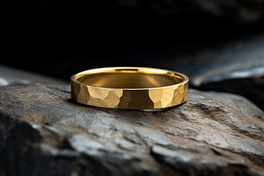 Hammered Solid Gold Flat Shaped Wedding Band