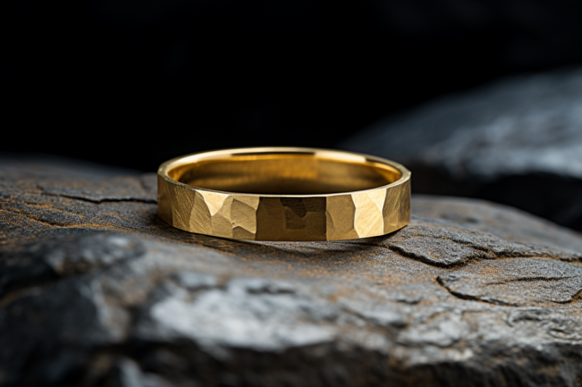 Hammered Solid Gold Flat Shaped Wedding Band