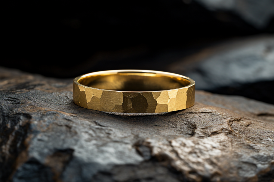 Hammered Solid Gold Flat Shaped Wedding Band